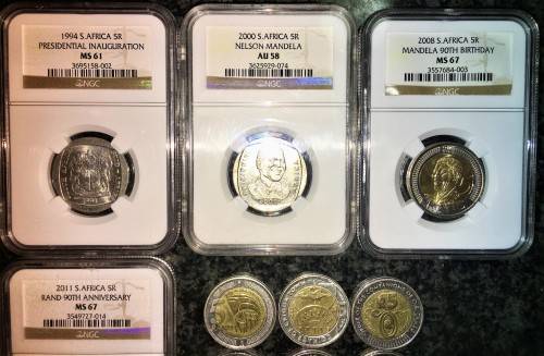 COMPLETE SET OF COMMEMORATIVE R5 COINS 1994 TO 2021 FOUR GRADED COINS