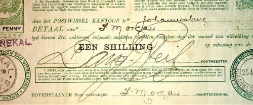 Z.A.R ORANJE VRIJ STAAT POST NOOT WTM 1 SHILLINGS STAMPED SENEKAL 1898 & JOHANNESBURG 1899--PRETORIA