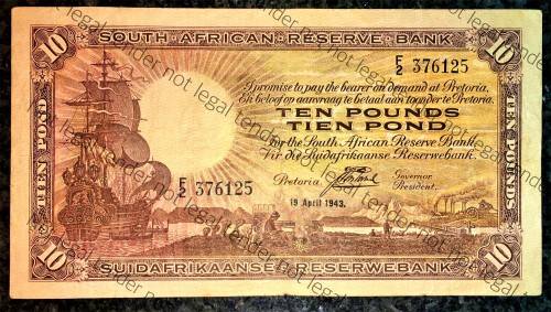 J.POSTMUS 10 POUND 1943 APRIL 19TH  ENG/AFR,,,F2--376125 FIRST ISSUE VAN RIEBEECK WTM