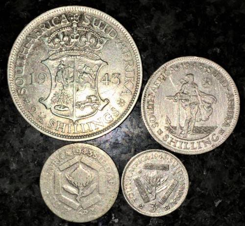 S A UNION SILVER SET 2 1/2 SHILLING,1 SHILLIN,6D SIXPENCE &3D TICKEY 1943 --80%SILVER(1 BID TAKES AL