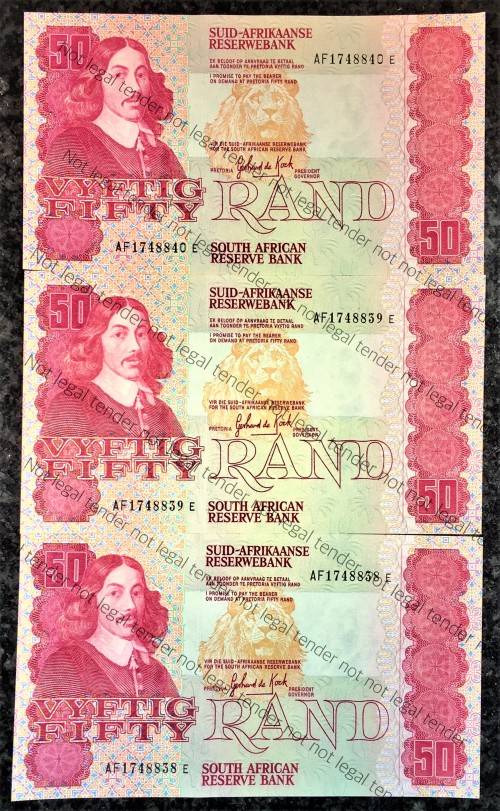 GPC DE KOCK R50 IN SEQUENCE AF1748840-838 UNC A/E 3RD ISSUE 1984(BID PER NOTE)