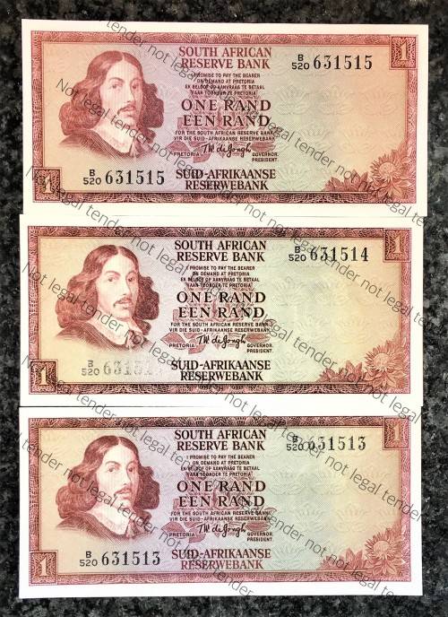 TW DE JONGH R1 IN SEQUENCE B520-631515-513 UNC E/A 3RD ISSUE 1975 ( 1 BID TAKES ALL)
