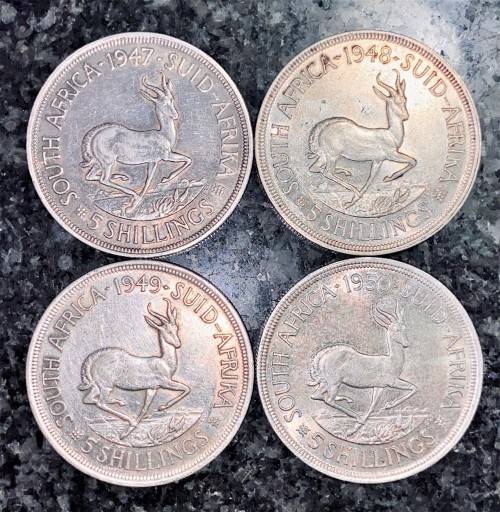 S A UNION SILVER SET 5 SHILLINGS 1947, 1948 , 1949 & 1950 -- 80% SILVER CROWNS(1 BID TAKES ALL)