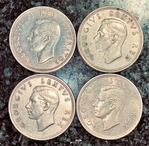 S A UNION SILVER SET 5 SHILLINGS 1947, 1948 , 1949 & 1950 -- 80% SILVER CROWNS(1 BID TAKES ALL)