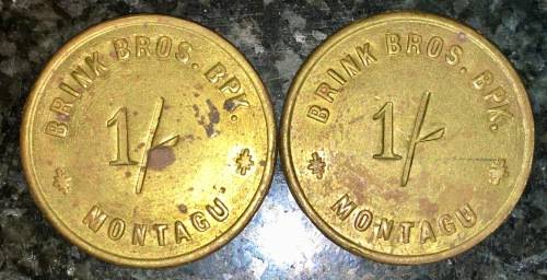 BRINK BROTHERS SET 1 SHILLING MONTAGU 5849 & 4989 BRASS TOKENS(1 BID TAKES ALL)