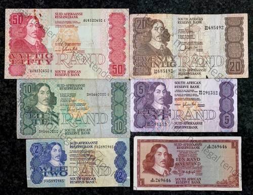 COMPLETE SET OF GPC DE KOCK & DECIMALS  R50 TO R2,,,1980s (R1 TW DE JONGH 1967)- (1 BID TAKES ALL)