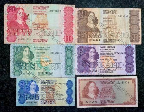 COMPLETE SET OF GPC DE KOCK & DECIMALS  R50 TO R2,,,1980s (R1 TW DE JONGH 1967)(1 BID TAKES ALL)