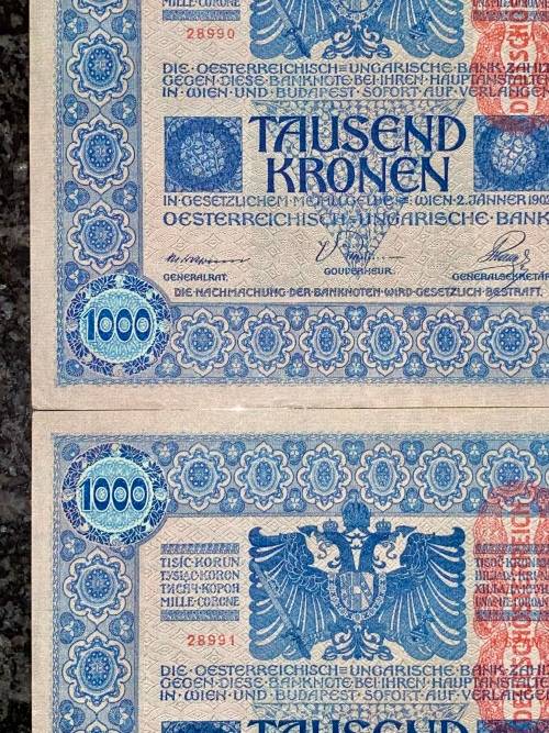 AUSTRIA 1000 KRONEN IN SEQUENCE 28990-991--STAMPED DEUTSCHES REICH--1902 BIG NOTES(1 BID TAKES ALL)