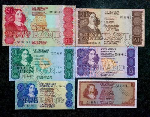 COMPLETE SET OF GPC DE KOCK & DECIMALS R50 TO R2 - 1980s UNC-EF+(R1 TW DE JONGH )(1 BID TAKES ALL)