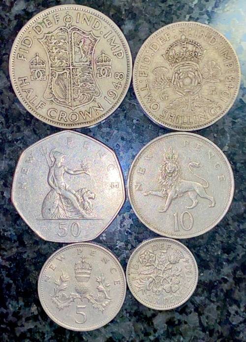 GREAT BRITAIN SET 2 1/2 SHILLING,2 SHILLING 1948, 50P, 10P, 5P & 6 PENCE 1969( 1 BID TAKES ALL)