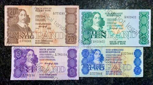 COMPLETE SET OF TW DE JONGH & DECIMALS R20 D32, R10 C232, R5 B59 & R2 -- 4TH ISSUE( 1 BID TAKES ALL)