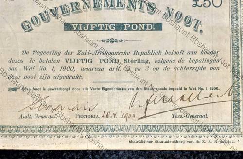 Z.A.R. 50 POUND GOVERNMENT NOOT DATED 28-V-1900 PRETORIA LOW NO 245 SPADE BORDER ONLY +-1900 PRINTED