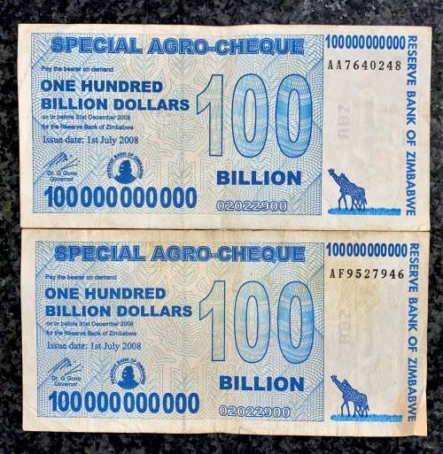 ZIMBABWE  100 BILLION DOLLARS AA & AF 2008 ARGO CHEQUE (1 BID TAKES ALL)