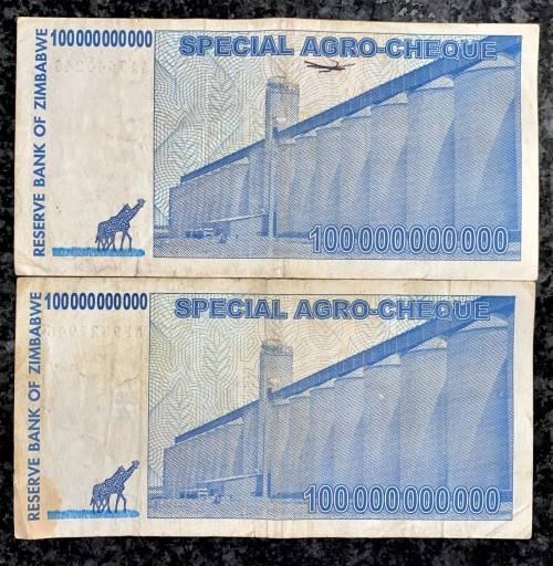 ZIMBABWE  100 BILLION DOLLARS AA & AF 2008 ARGO CHEQUE (1 BID TAKES ALL)