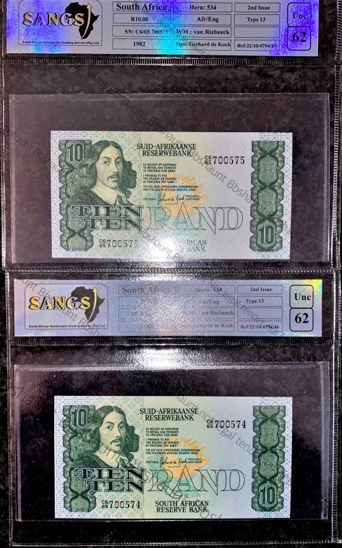 GPC DE KOCK R10 IN SEQ C665/575-57 GRADED UNC62 - 2ND ISSUE 1982 TYPE 13 SANGS(1 BID TAKES BOTH )
