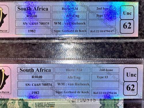 GPC DE KOCK R10 IN SEQ C665/575-57 GRADED UNC62 - 2ND ISSUE 1982 TYPE 13 SANGS(1 BID TAKES BOTH )