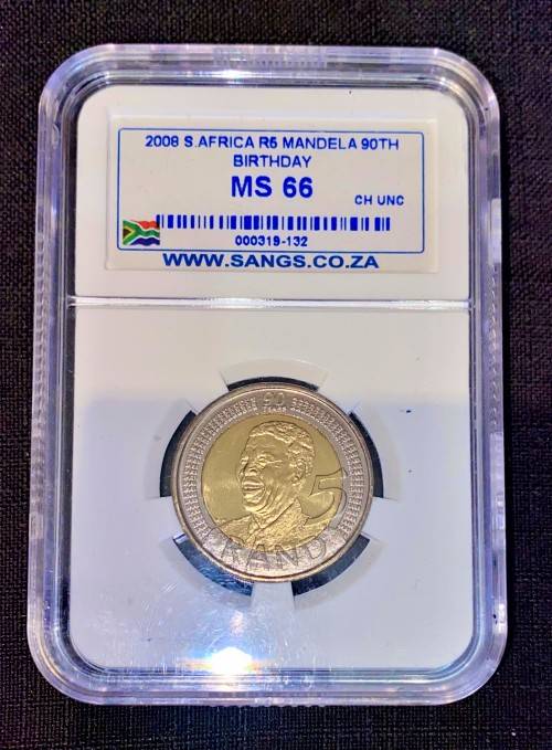 SOUTH AFRICA GRADED COMMEMORATIVE R5 MANDELAS 90TH BIRTHDAY GRADED MS66 CHOICE UNC SANGS