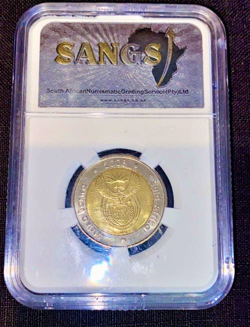 SOUTH AFRICA GRADED COMMEMORATIVE R5 MANDELAS 90TH BIRTHDAY GRADED MS66 CHOICE UNC SANGS
