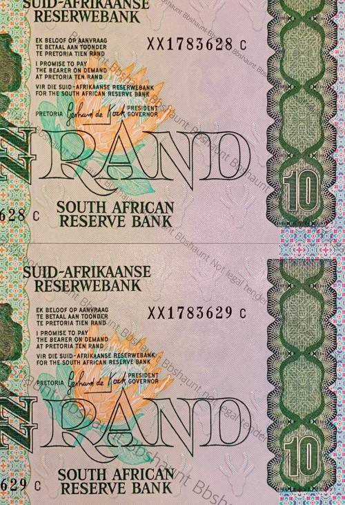 REPLACEMENT NOTE GPC DE KOCK R10 IN SEQUENCE XX1783628-629 UNC A/E 3RD ISSUE 1985(1 BID TAKES ALL)