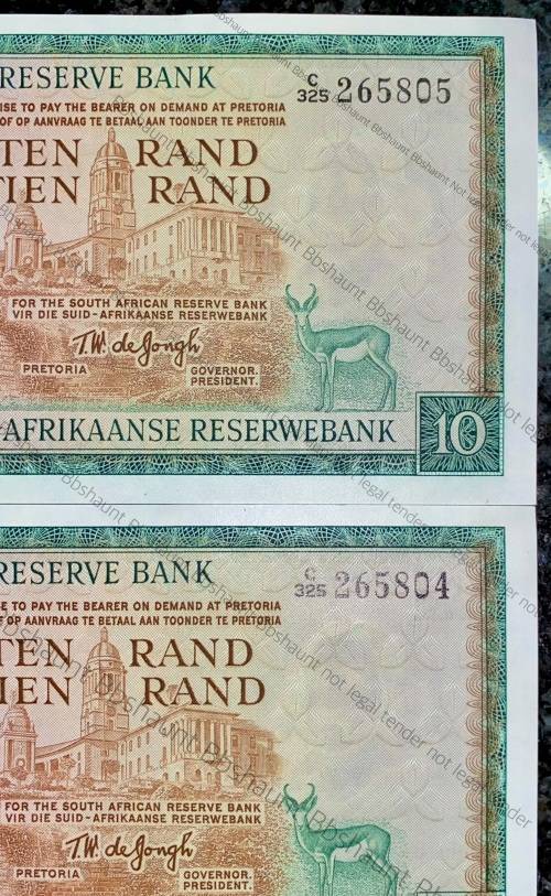 TW DE JONGH R10 IN SEQUENCE C325 /265805-804 UNC 3RD ISSUE 1975 E/A VAN RIEBEECK WTM(1 BID TAKES ALL