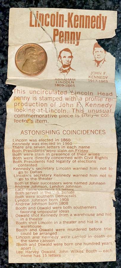 U S A LINCOLN - KENNEDY COMMEMORATE PENNY WITH ORIGINAL INFO LEAFLET 1974 COLLECTORS ITEM