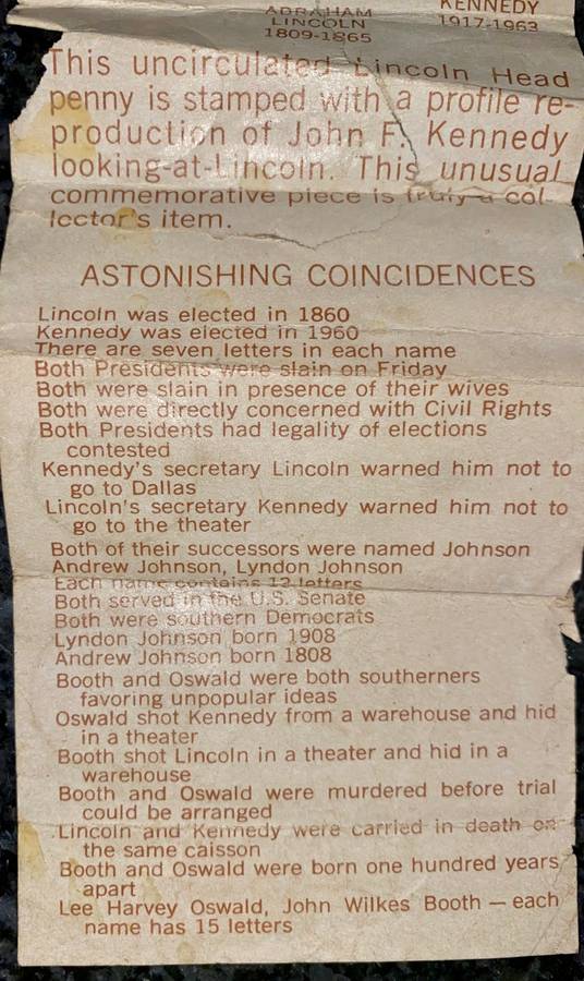 U S A LINCOLN - KENNEDY COMMEMORATE PENNY WITH ORIGINAL INFO LEAFLET 1974 COLLECTORS ITEM