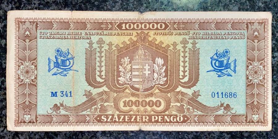 HUNGARY 100,000 PENGO 1945 WW2 BUDAPEST