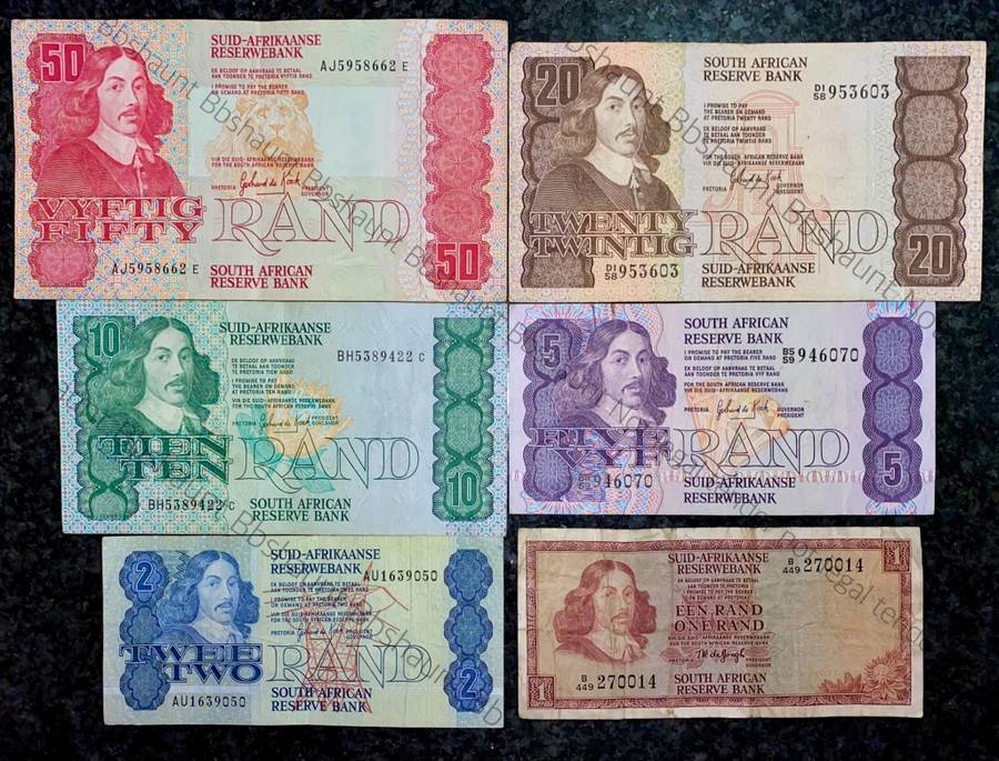 COMPLETE SET OF GPC DE KOCK & DECIMALS R50 TO R2 - 1980s (R1 TW DE JONGH 1975)- (1 BID TAKES ALL)