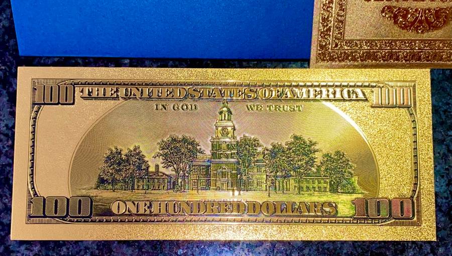 U S A -- 100 DOLLARS SERIES999 -- COLORIZED GOLD FOIL 999999 CARD - LOVELY ART - WITH CERT & FOLDER