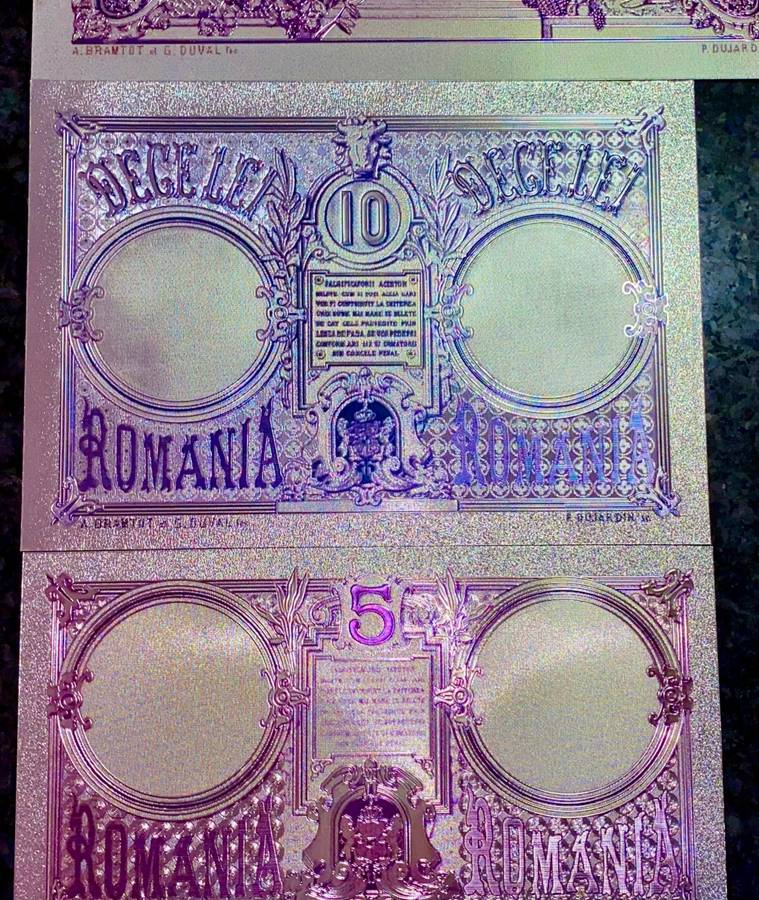 ROMANIA - SET 50 LEI, 10 LEI & 5 LEI  1877 - SILVER - COLORIZED GOLD FOIL999 BIG CARDS