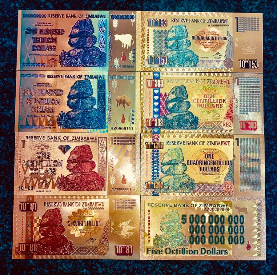 ZIMBABWE - SET $100 TRILLION, SEXVIGINTILLION, CENTILLION, OCTILLION + .COLORIZED GOLD FOIL999 CARD
