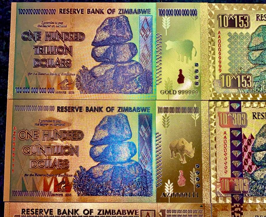 ZIMBABWE - SET $100 TRILLION, SEXVIGINTILLION, CENTILLION, OCTILLION + .COLORIZED GOLD FOIL999 CARD