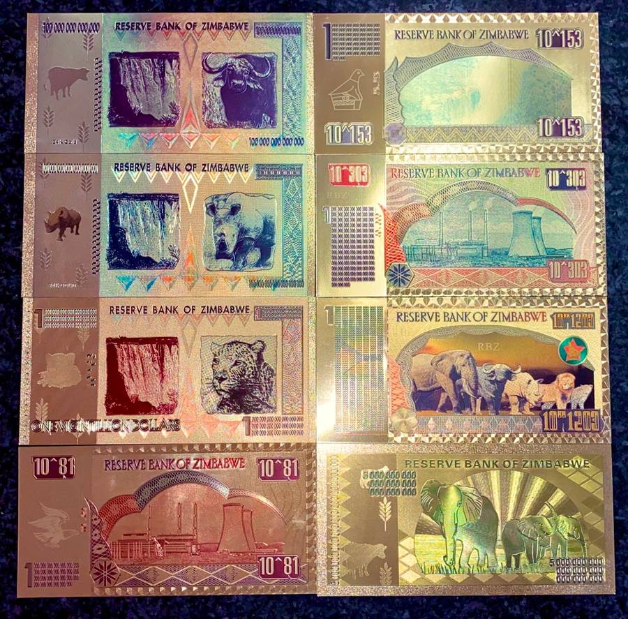 ZIMBABWE - SET $100 TRILLION, SEXVIGINTILLION, CENTILLION, OCTILLION + .COLORIZED GOLD FOIL999 CARD