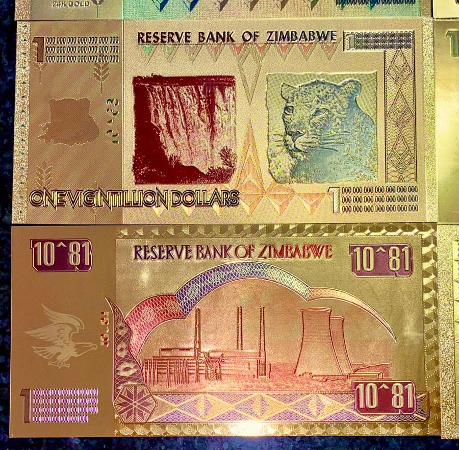 ZIMBABWE - SET $100 TRILLION, SEXVIGINTILLION, CENTILLION, OCTILLION + .COLORIZED GOLD FOIL999 CARD