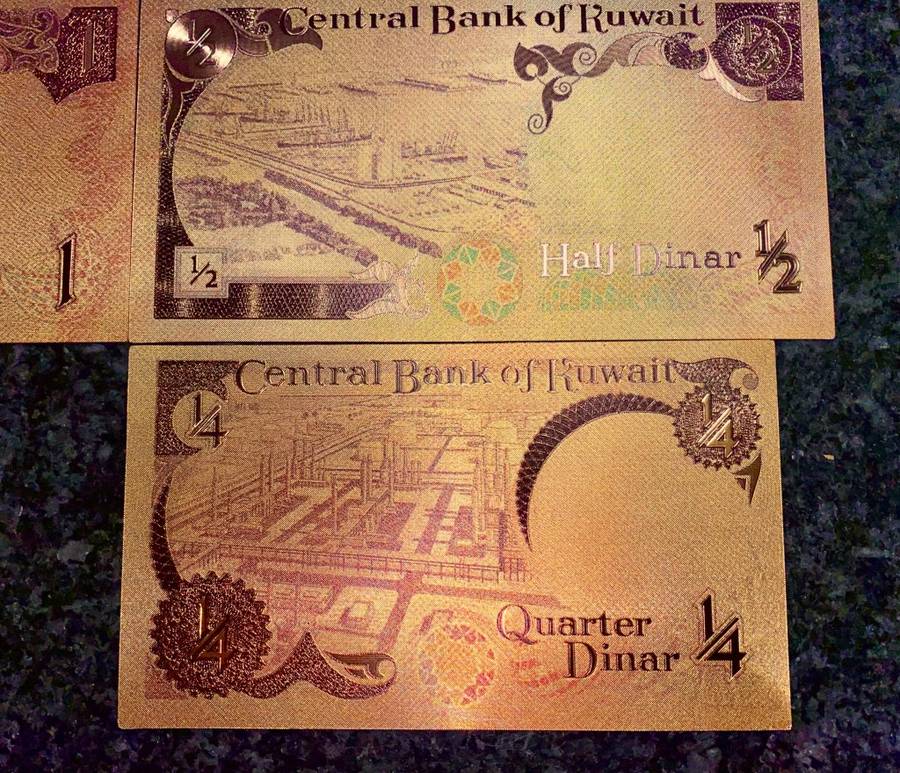 KUWAIT - SET 10 DINARS TO 1/4 DINARS 1968 - COLORIZED GOLD FOIL999 CARD - WITH CERT & FOLDER