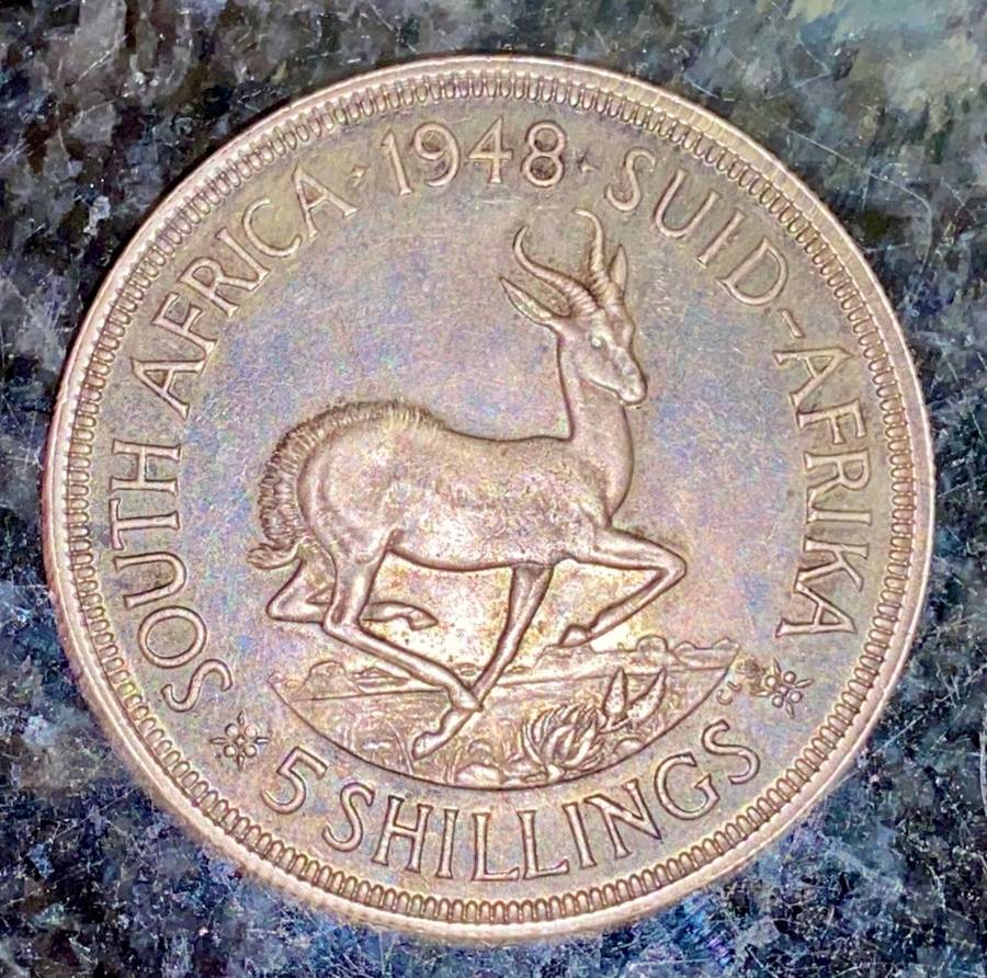 S A UNION SILVER 5 SHILLINGS 1948 CROWN SILVER 80% GOOD CONDITION