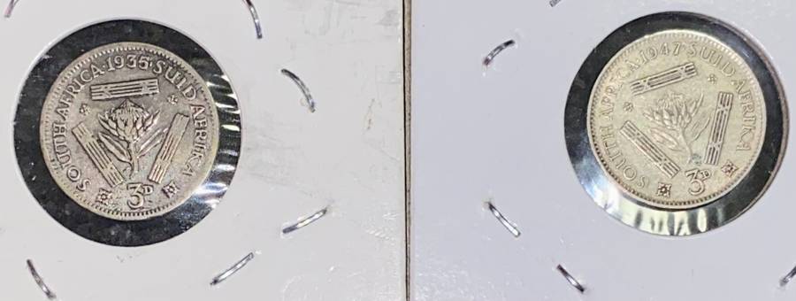 S A UNION SILVER SET 3D THREEPENCE 1935 & 1947 -- IN COIN FLIP 80% SILVER(1 BID TAKES ALL)