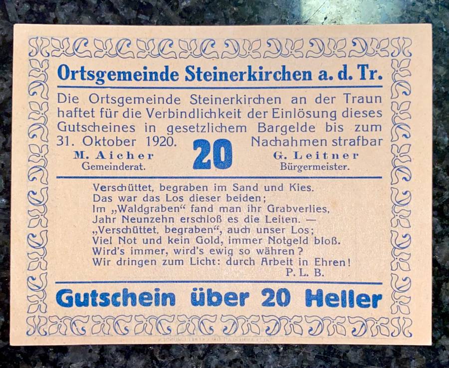 AUSTRIA 20 HELLER - STEINERKIRCHEN (ROMERFUND) - 1920 UNC NOTGELD (EMERGENCY MONEY)