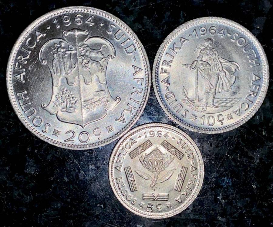 SOUTH AFRICA SILVER SET - 20 CENT - 10 CENT - 5 CENT 1964 -- HIGH GRADE COINS -- ( 1 BID TAKES ALL)