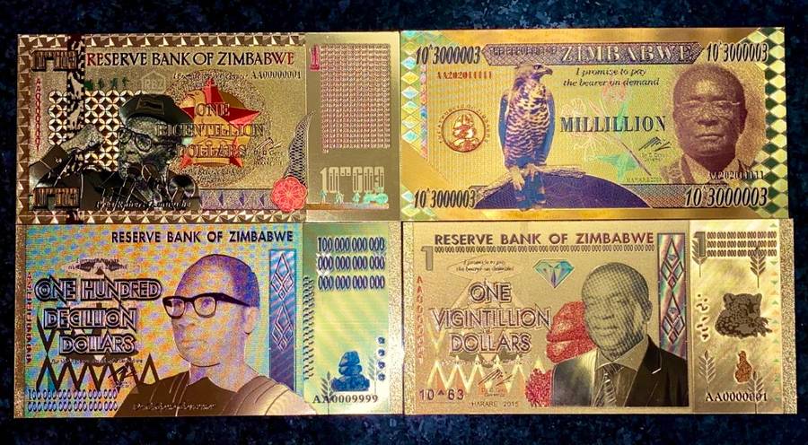 ZIMBABWE - SET ZIM DOLLARS - DECILLION, VIGINTILLION, BICENTILLION - COLORIZED GOLD FOIL999 CARD