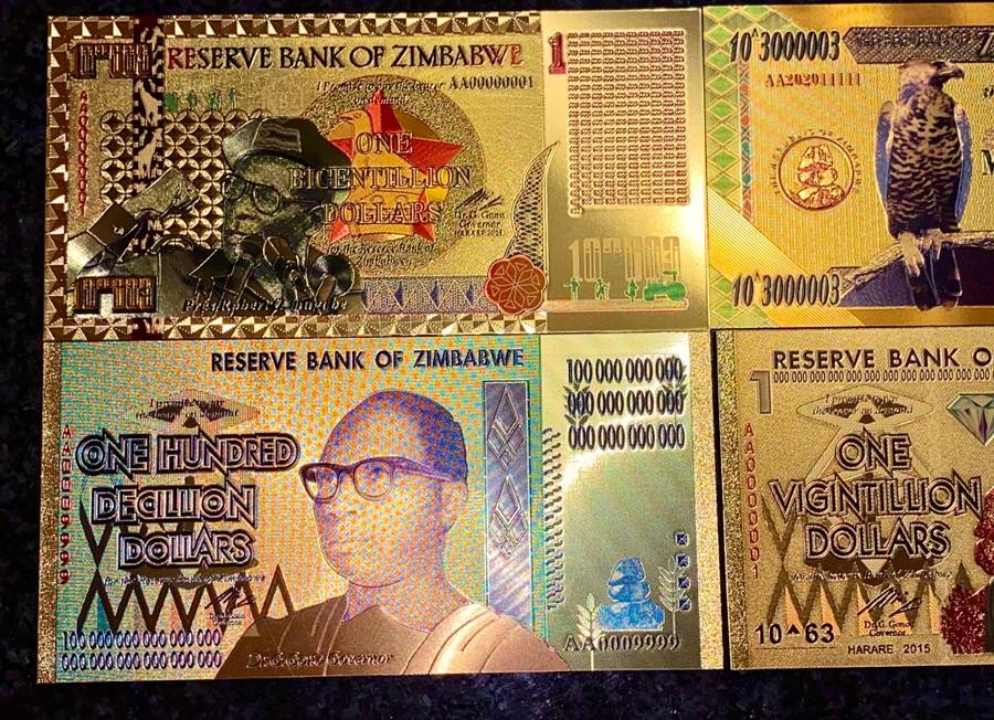 ZIMBABWE - SET ZIM DOLLARS - DECILLION, VIGINTILLION, BICENTILLION - COLORIZED GOLD FOIL999 CARD