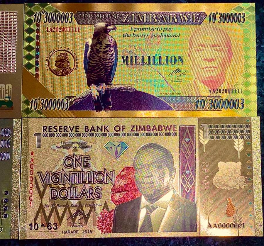 ZIMBABWE - SET ZIM DOLLARS - DECILLION, VIGINTILLION, BICENTILLION - COLORIZED GOLD FOIL999 CARD