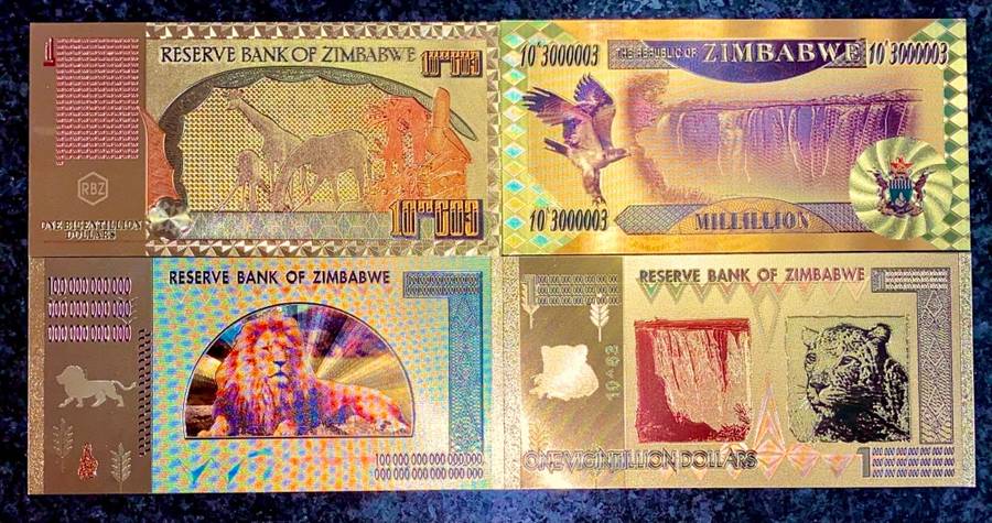 ZIMBABWE - SET ZIM DOLLARS - DECILLION, VIGINTILLION, BICENTILLION - COLORIZED GOLD FOIL999 CARD