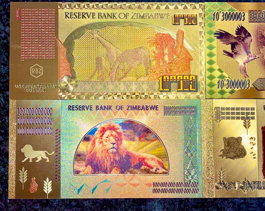 ZIMBABWE - SET ZIM DOLLARS - DECILLION, VIGINTILLION, BICENTILLION - COLORIZED GOLD FOIL999 CARD