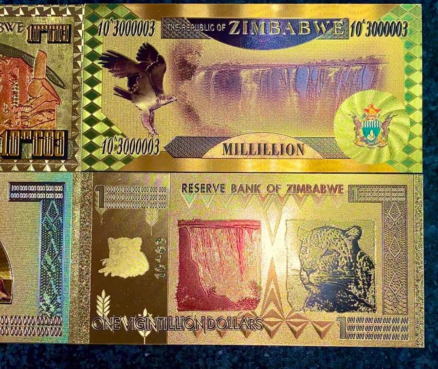 ZIMBABWE - SET ZIM DOLLARS - DECILLION, VIGINTILLION, BICENTILLION - COLORIZED GOLD FOIL999 CARD