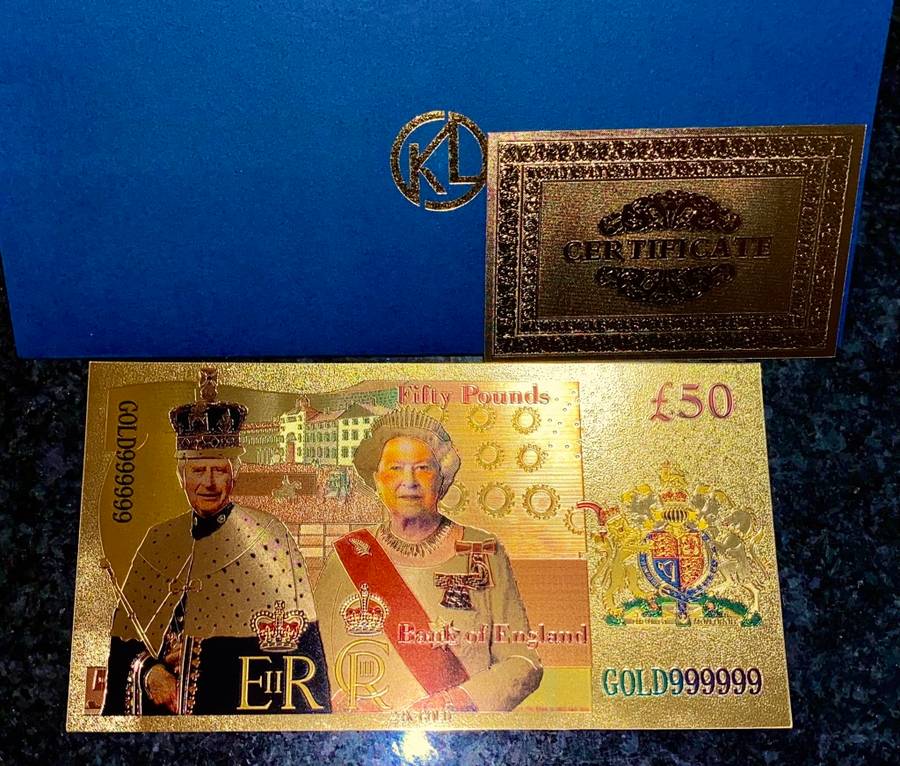 GREAT BRITAIN -- 50 POUNDS KING CHARLES -- COLORIZED GOLD FOIL999 CARD LOVELY ART WITH CERT & FOLDER