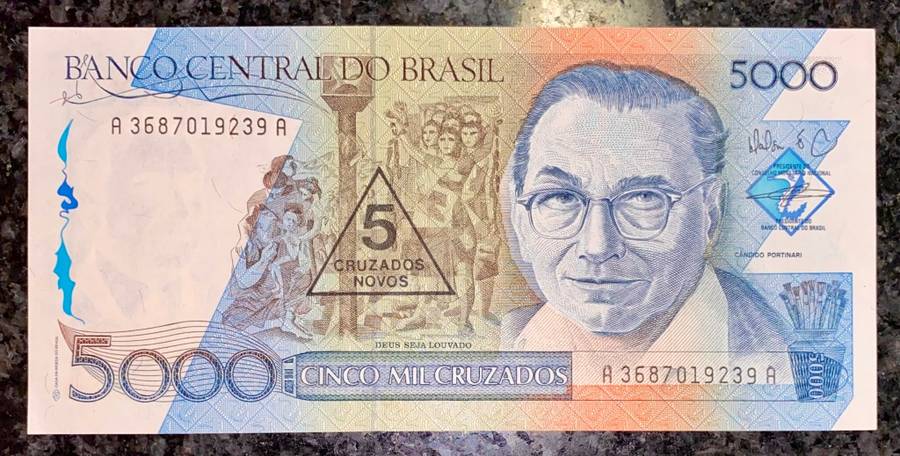BRASIL 5000 CRUZADOS A 1989 UNC -- STAMPED 5 CRUZADOS NOVOS --
