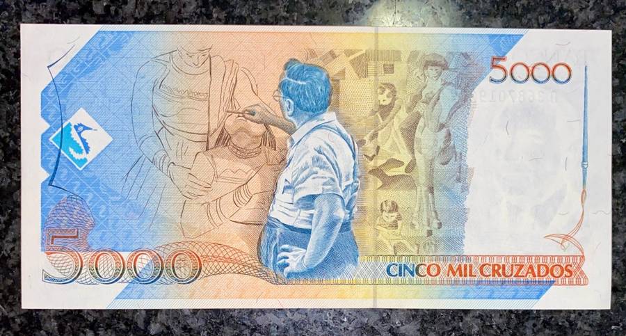 BRASIL 5000 CRUZADOS A 1989 UNC -- STAMPED 5 CRUZADOS NOVOS --