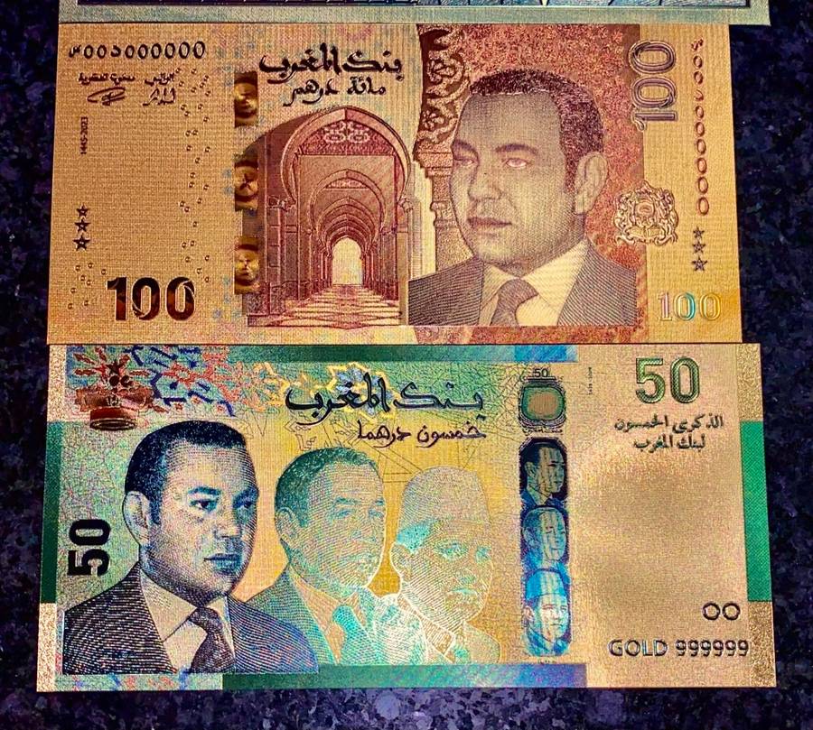 MOROCCO SET- 200 DIRHAMS, 100 DRS & 50 DIRHAMS 1987 COLORIZED GOLD FOIL999 CARD - WITH CERT & FOLDER