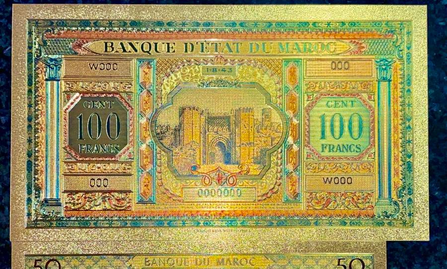 MOROCCO SET- 100 FRANCS 1843, 50 DIRHAMS, 10 DIRHM & 5 DIRHAMS 1969 - COLORIZED GOLD FOIL999 CARD -